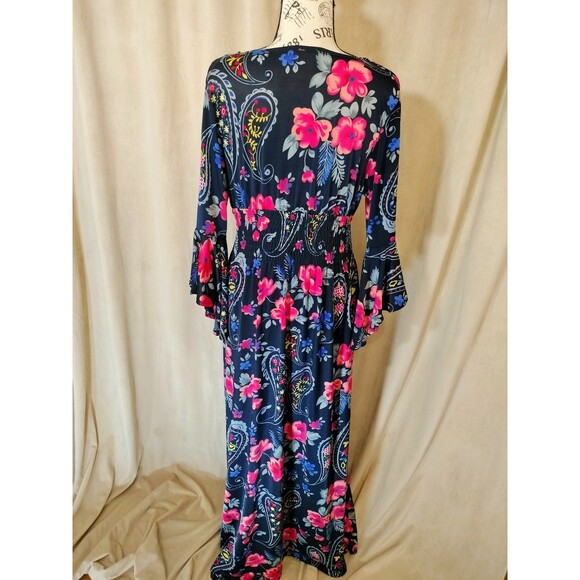 Magic Women's Navy Floral Maxi Dress w/Bell Sleeves & Surplice Neckline. Size XL - Picture 5 of 7